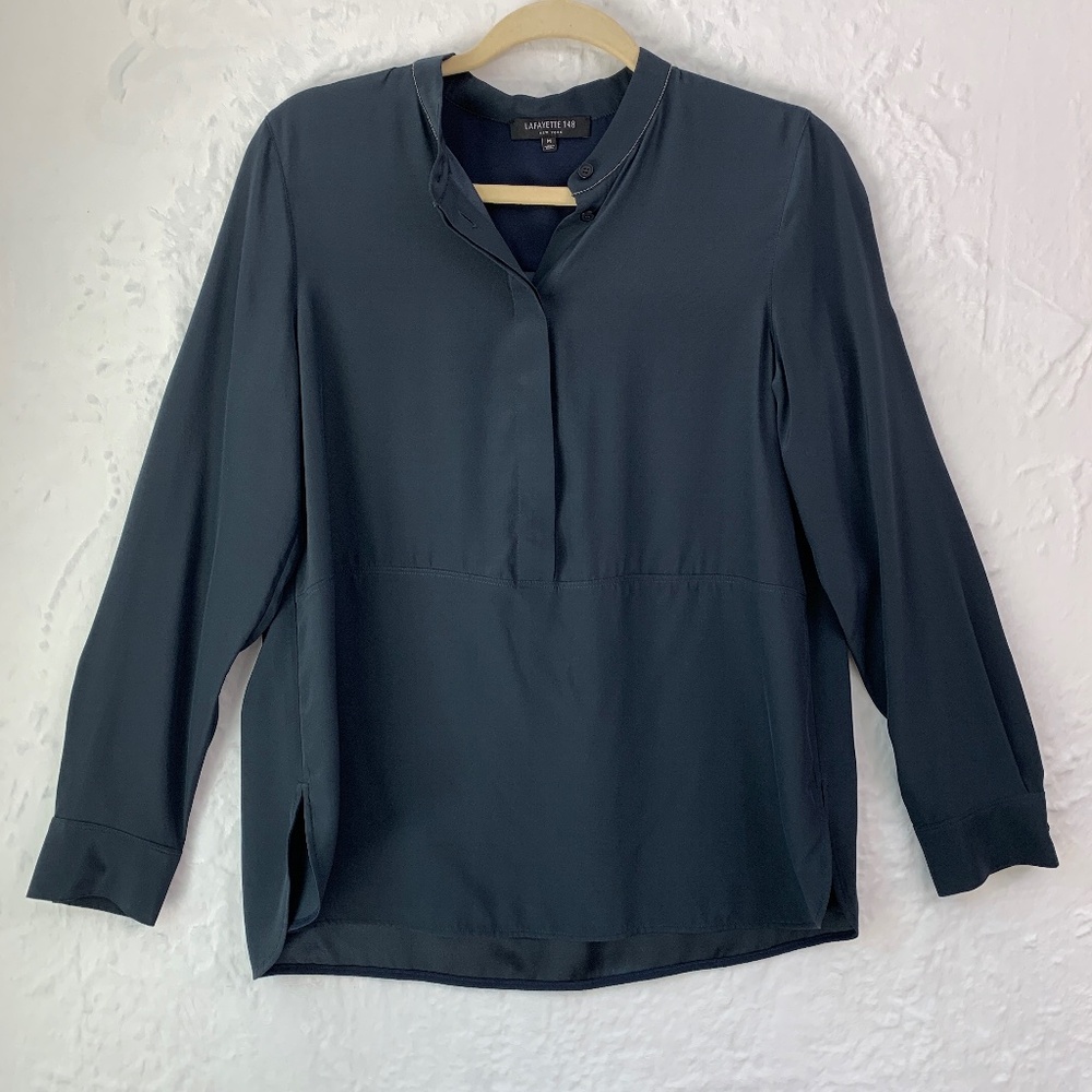 Lafayette 148 Long Sleeve Half Button Beaded Collar Silk Popover Blouse Sz M